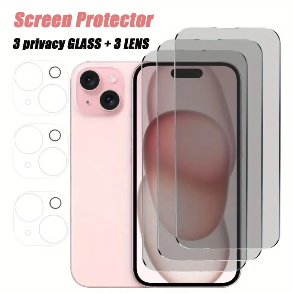 6-in-1-Anti-Peeping-Displayschutzfolien mit Kameraobjektivschutz für iPhone 11 12 13 14 15 16 17 Pro Max 15 16 Plus 17Air Glass