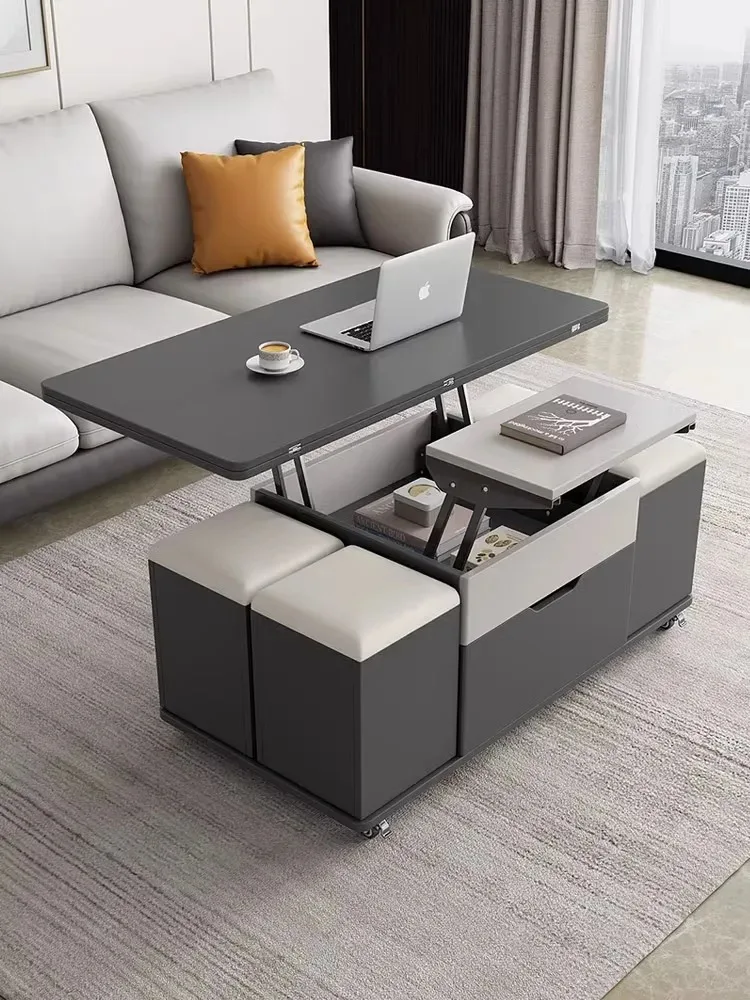 Lift multifunctional coffee table, dining table, integrated small unit, simple and modern folding living room storage table