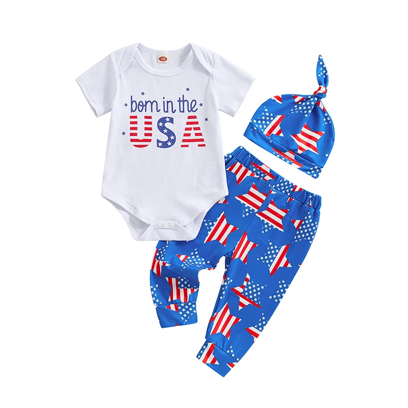 

Baby Boys 4th of July Outfits Short Sleeve Romper Star Print Pants Hat Set Infant Clothes