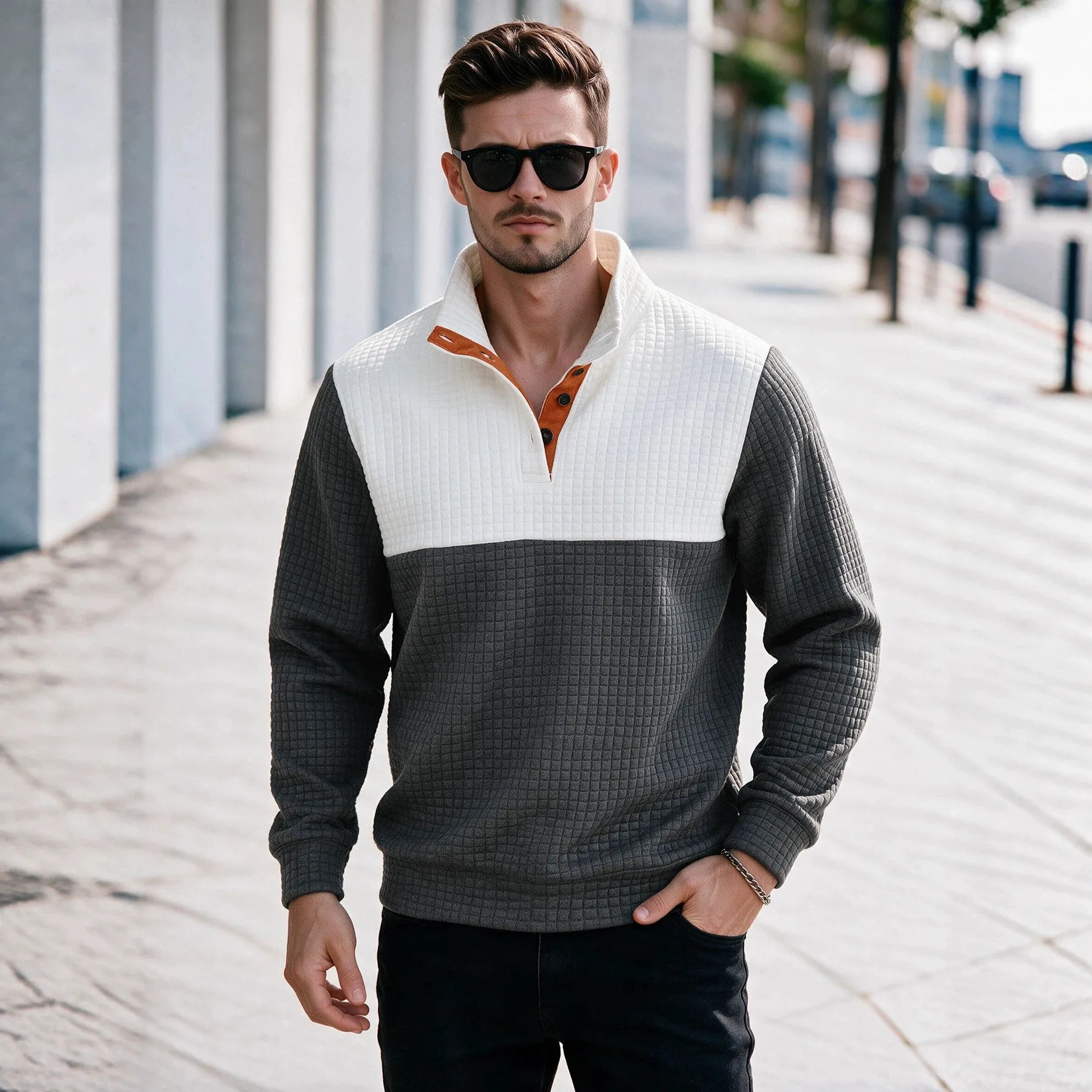 men color-coded button long sleeve stand collar loose fit simple basic casual daily pullovers male autumn winter new fashion top