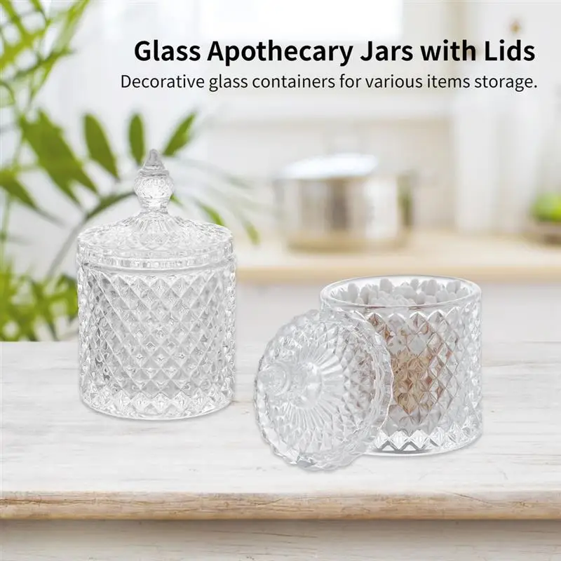 2Pcs Glass Apothecary Jars Set Qtip Holders With Lid Crystal Vanity Organizers Makeup Storage Containers Decorative Canisters