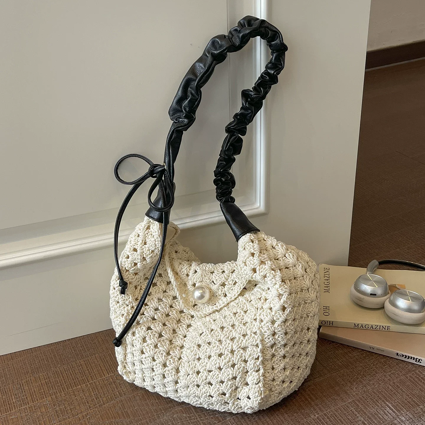 Pearl Weaving Beach Bags for Women 2026 Summer New Lazy Style Casual One Shoulder Bag Large Capacity Seaside Crossbody Bag