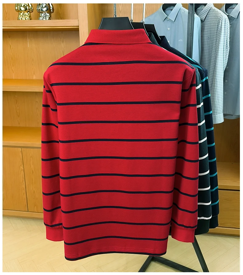 Leichtes Luxus-Poloshirt mit Streifenmuster, langen Ärmeln, für Herren, bequem, hochwertig, mit Tasche, neues lässiges T-Shirt, Frühling/Herbst, modisches Oberteil mit Kragen. – Detail 6