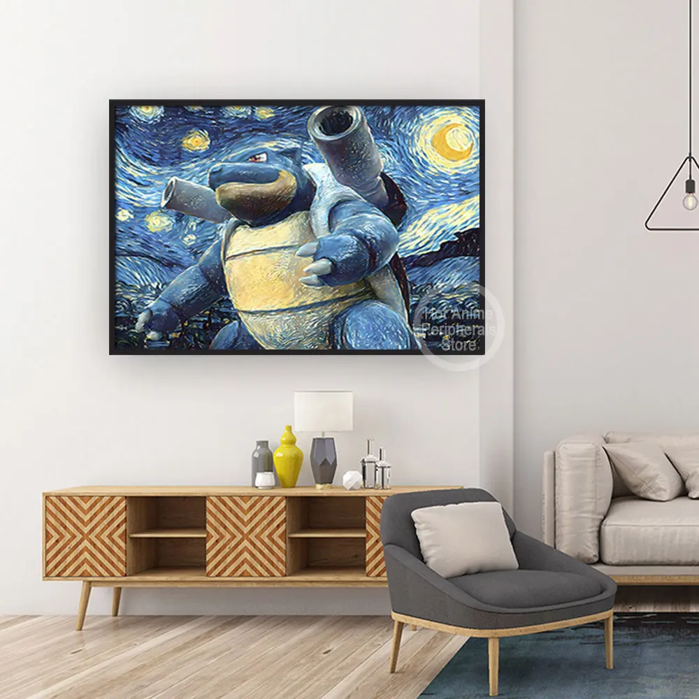 Affiche sur toile Pokémon Van Gogh, la nuit étoilée, anime périphérique, peinture d'art, image Charizard Blastoise, décoration murale, cadeaux pour enfants