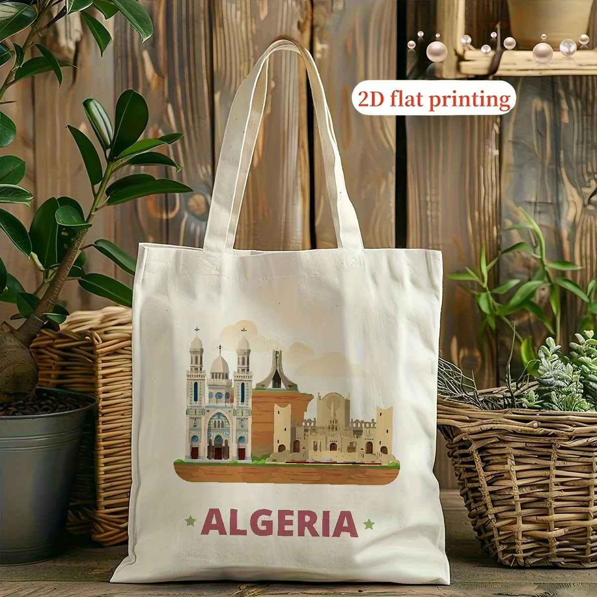 Algeria Printed Polyester Tote Bag For Women, Unisex, No-Closure, Unlined, Hand Washable, Ideal For Students, Schools, Colleges,