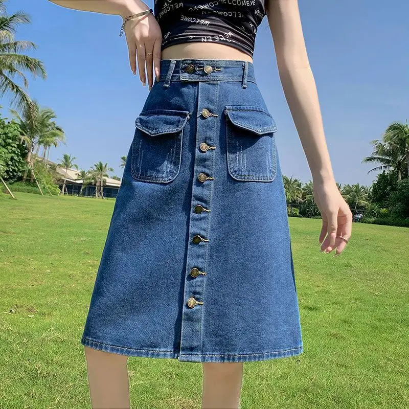 High-waisted Denim Skirt 2025 Spring Summer Women's Medium-length Autumn New Style Korean Fashion Single Breasted A- Line Skirt
