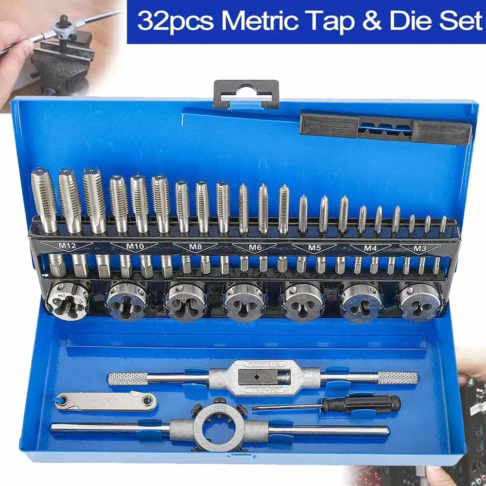 32 ชิ้นเมตริก Tap และ Die ชุด M3 M4 M5 M6 M8 M10 M12 Nut Bolt สกรูด้าย Taper กลางและปลั๊กประแจซ่อมชุดเครื่องมือ