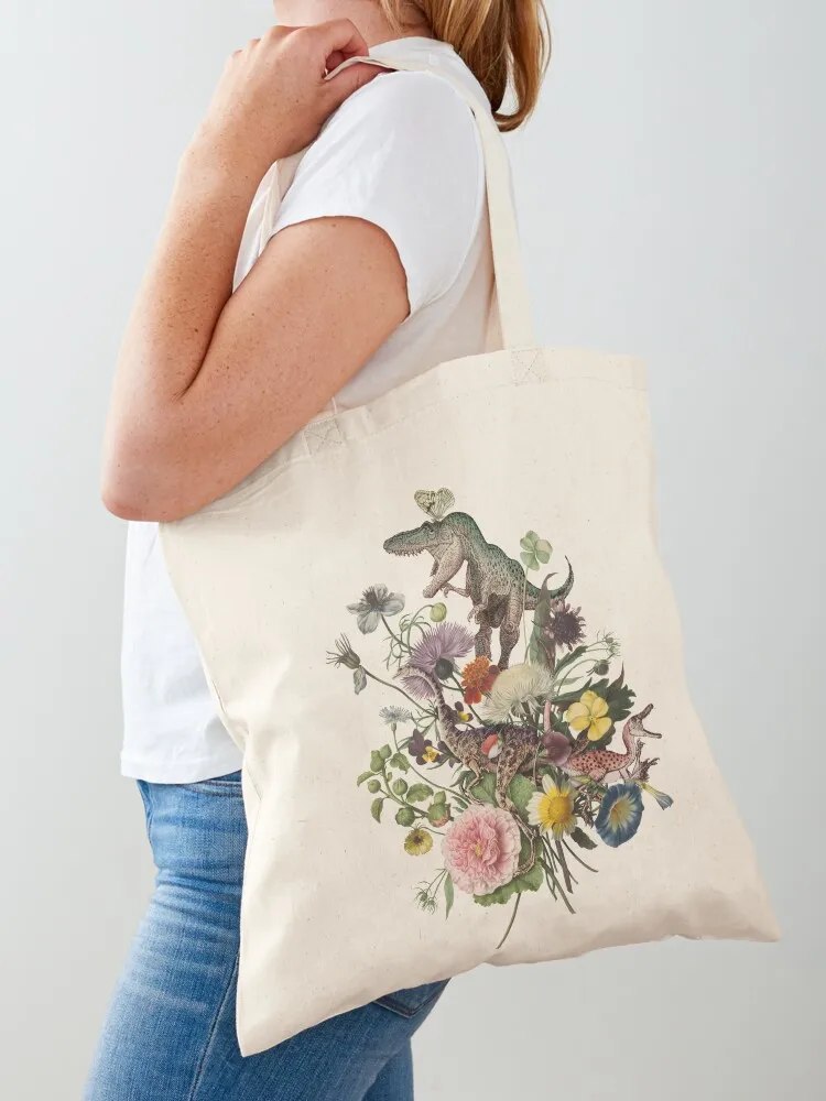 

Cottagecore DINO-MITE Dinosaur Botanical Bouquet Tote Bag shopper bag women shopping cart bags Canvas bag for women Custom