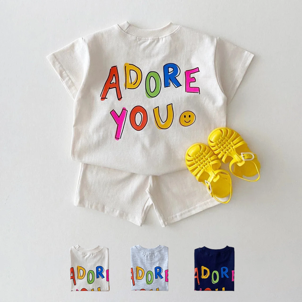 2023 Korea Baby Girl Clothes Set Double Sided Printing Smiling Face Letter T-shirt Tees Loose Cotton Shorts 2pc Baby Boy Clothes