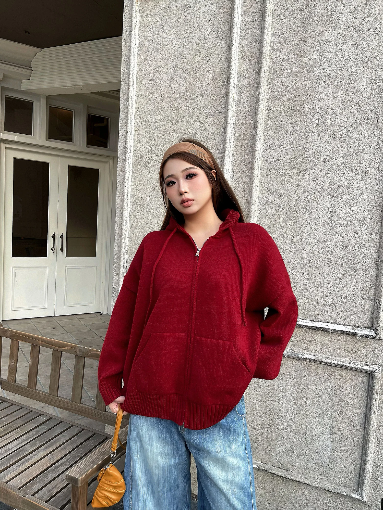 

plus Size Women's Hooded Knitwear Double Zipper Casual Winter Outerwear Street Sle V-Ne Long Sve Warm Thermal Faion