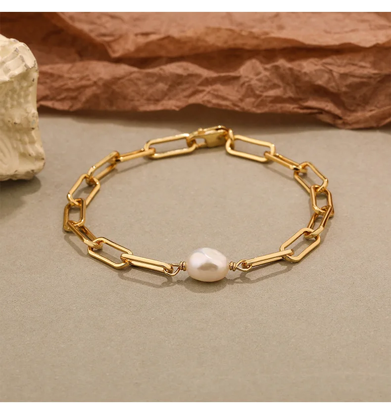 925 sterling silver fashion freshwater pearl 18k gold plated bracelet with paper clip chain