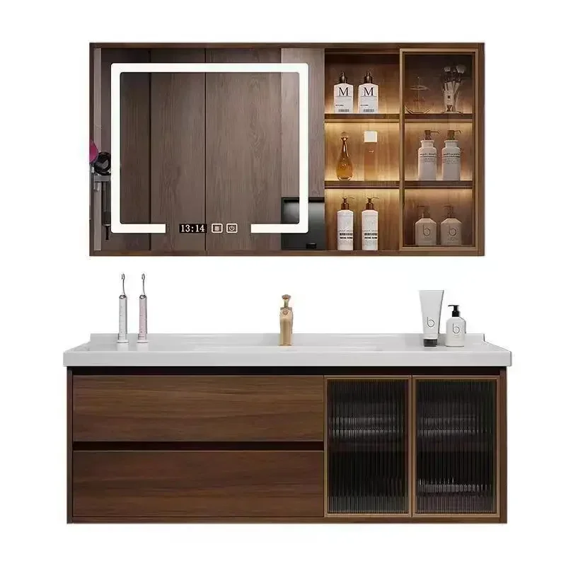 

Vintage Walnut Color Bathroom Cabinet Smart Mirror Ceramic Integrated Basin Bathroom Vanity Cabinet with Sink New