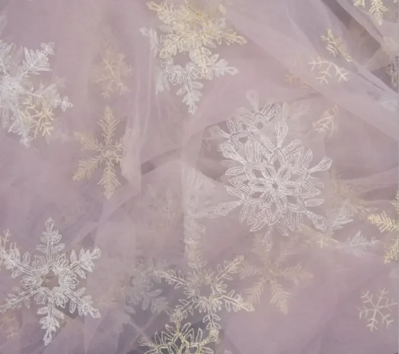 

Gold Silver Snowflake Lace Fabric Big Small Snowflake Embroidery Tulle Fabric For Girl Dress Tutu Dress Wedding Dress