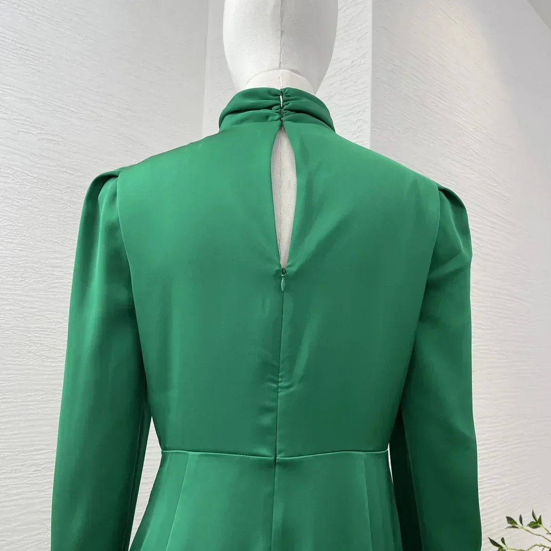 Green Cross Long Sleeve Knot Front Diamonds Side Slit Satin Midi Dress Elegant Women New Top Quality Clothes