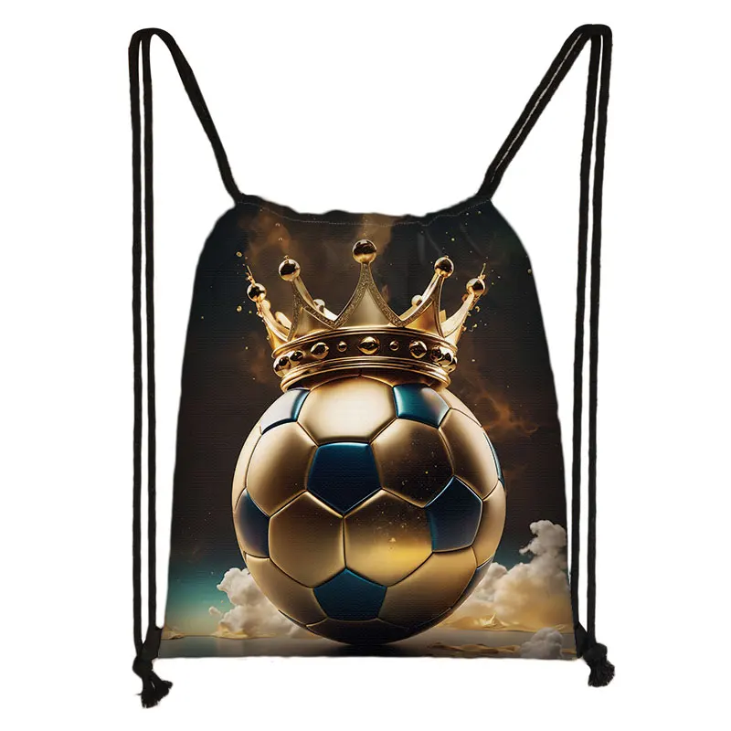 Cool Soccer Ball with Golden Crown Print Drawstring Bag Gym Sport Backpack Football Shoulder Bag for Travel Shoes Holder