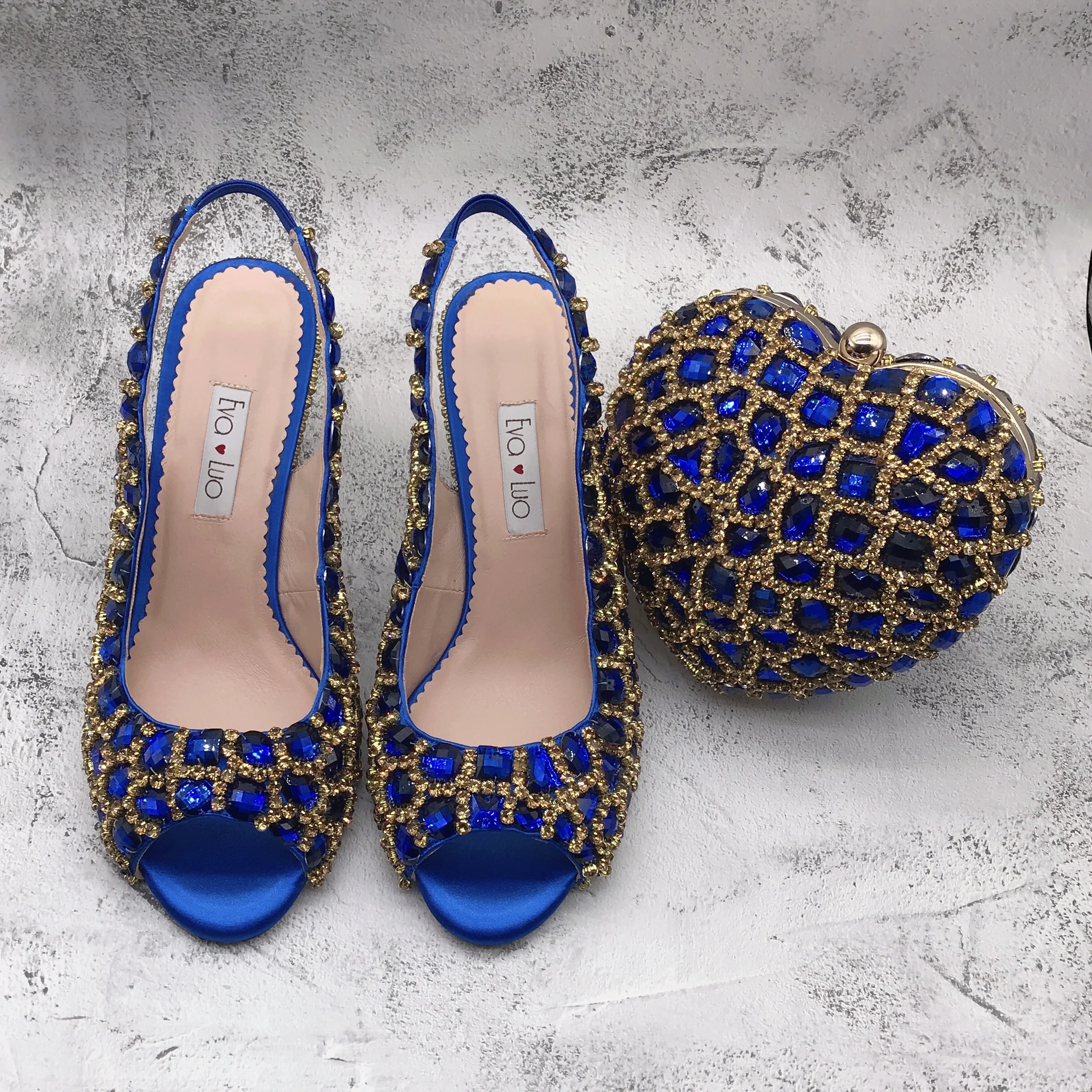 BS1566 Customizable Various Heel  Women Shoes Slingbacks Bridal Wedding Shoes Blue Gold Rhinestones Shoes With Matching Bag