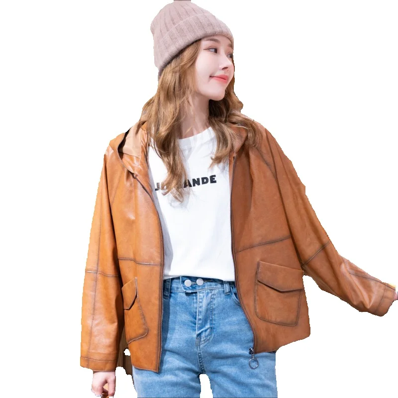 Hooded Cloak, Genuine Leather Jacket, Women's Casual Sheepskin Outer Cover, Spring New Loose Version