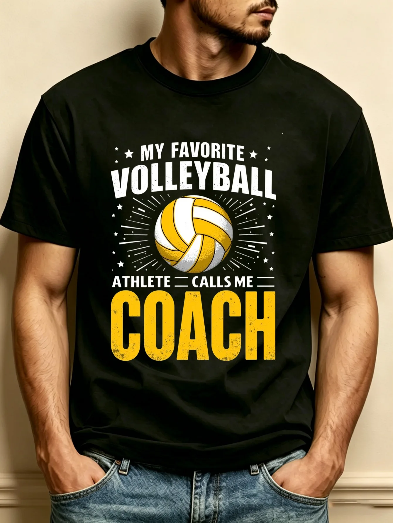 My Favorite Volleyball Player Calls Me a Coach, Volleyball with Stars and Light Design, Men's T-Shirt, Sports and Leisure Wear, Gift for Volleyball Coaches