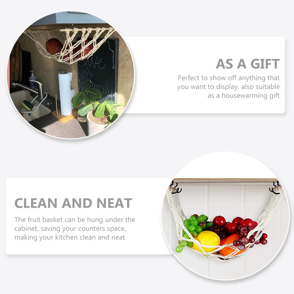 

Hanging Fruit Basket Under Cabinet Macrame Organizer Natural Cotton Rope and Wooden Board for Kitchen Vegetables Storage Decor