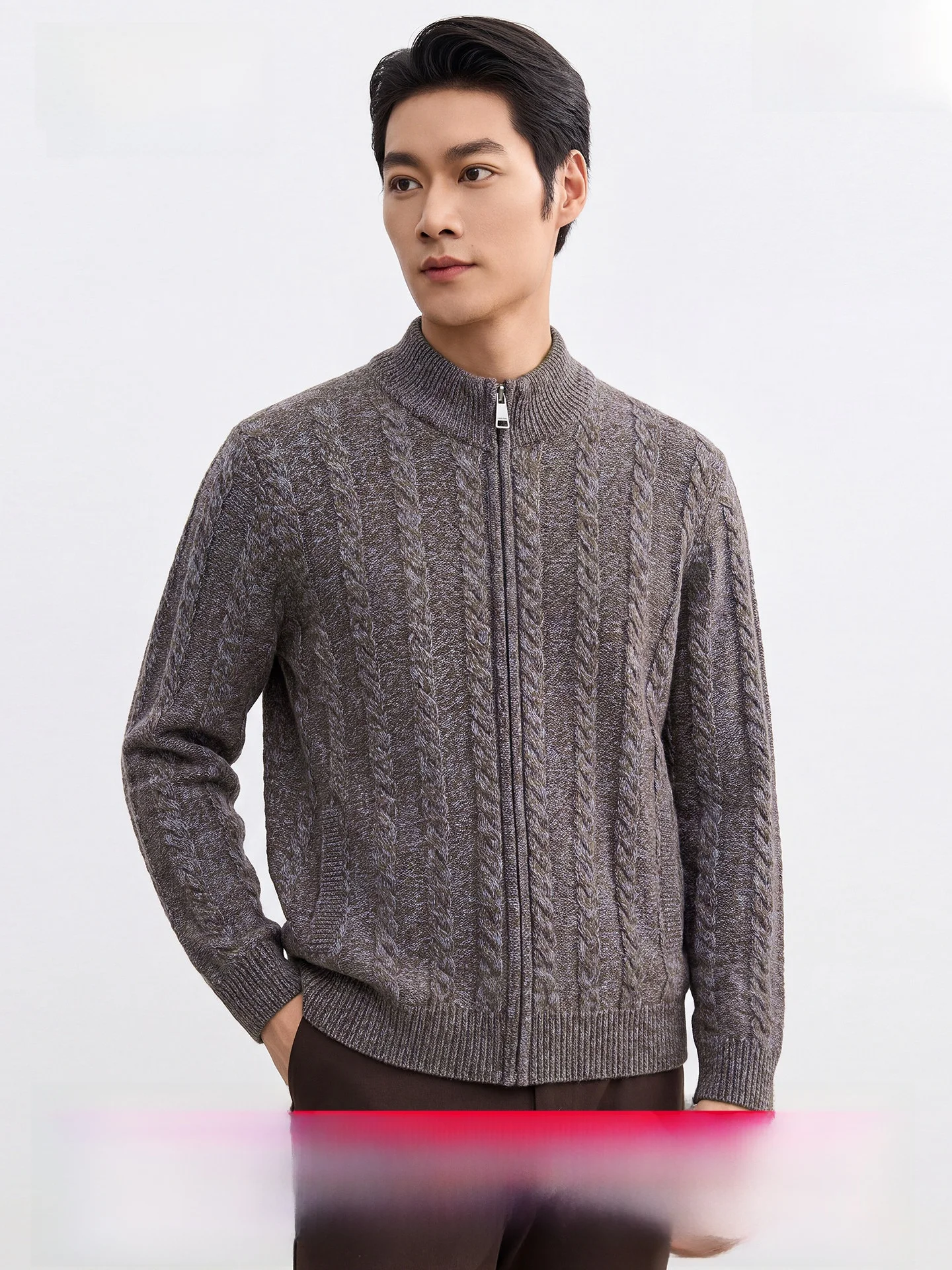 100% Wool Men's Stand Collar Zipper Knitted Sweater Autumn Winter Thickened Woolen Cardigan Fashion Urban Business Casual Style