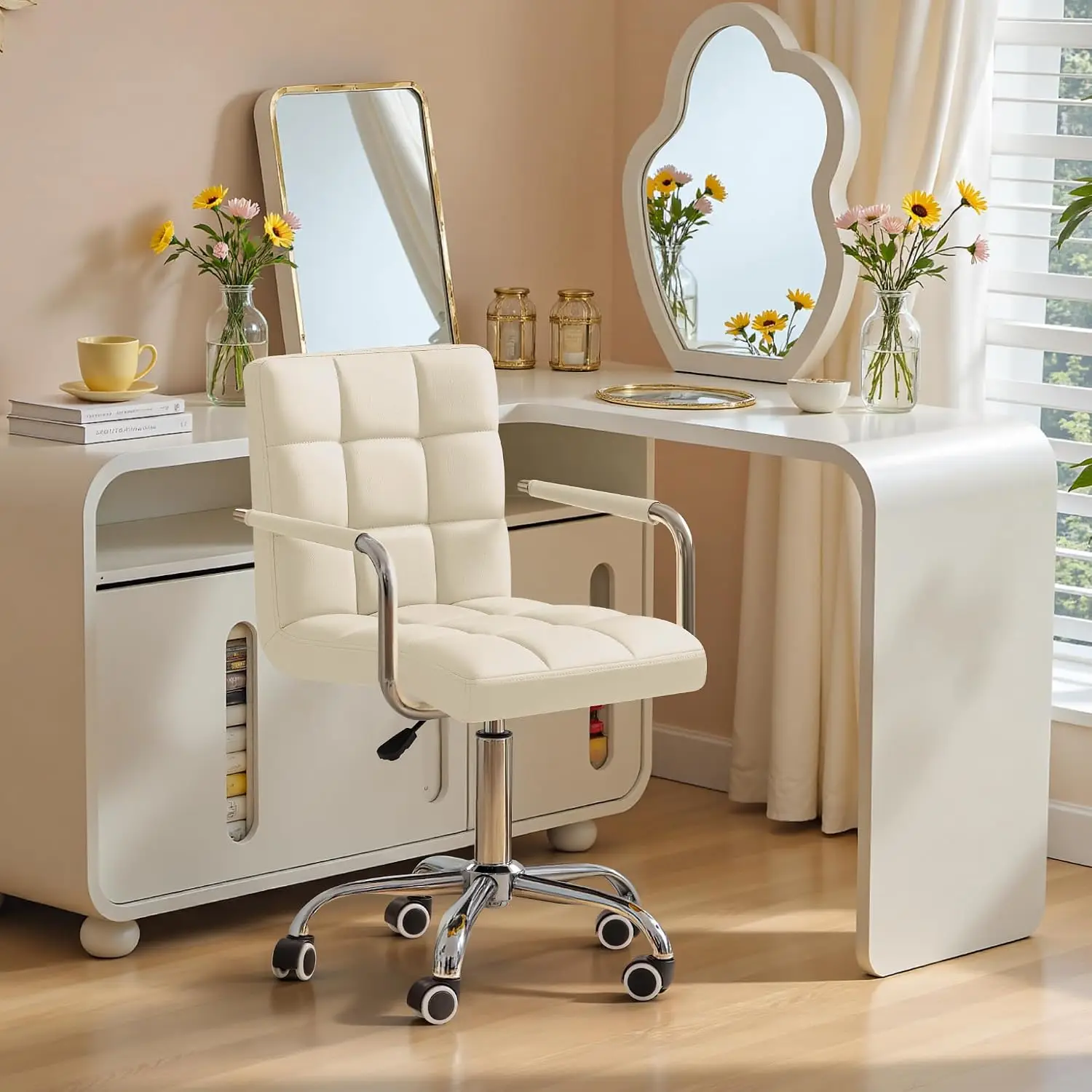 Furmax Small Office Chair with Wheels, Vanity PU Leather Desk Chair Modern Adjustable Home Desk Retro Comfortable Work Chair 360 Degree Swivel with Arms (Beige)