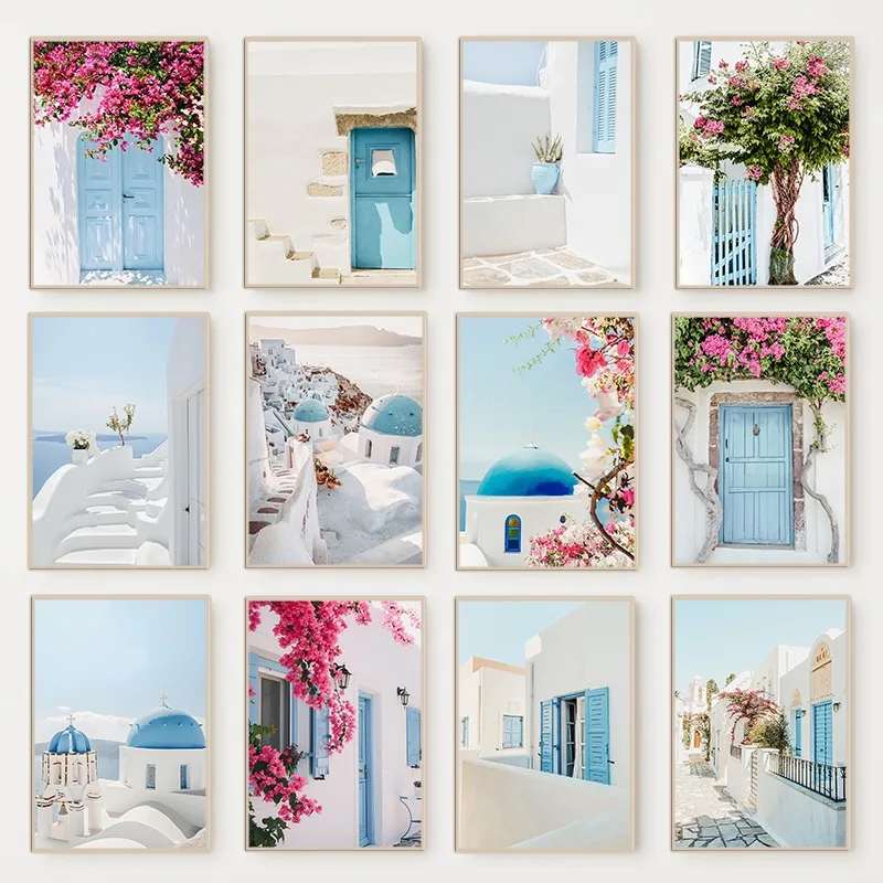 Pôster de Paisagem da Grécia para Fotografia e Viagem, Pintura em Tela Boho da Ilha Grega de Santorini, Arte de Parede para Sala de Estar e Decoração de Casa