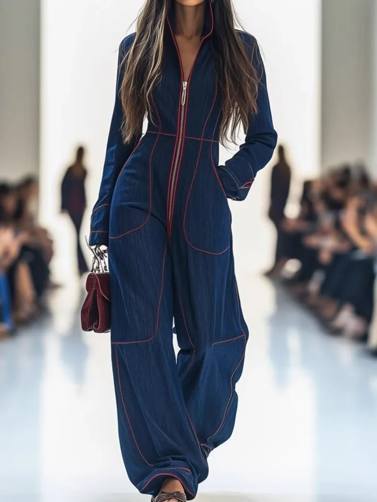 

Women's Fashion Trend Casual Jumpsuit Autumn And Winter British Style Zipper Slim V-neck Solid Color Large Pocket Jumpsuit Pants