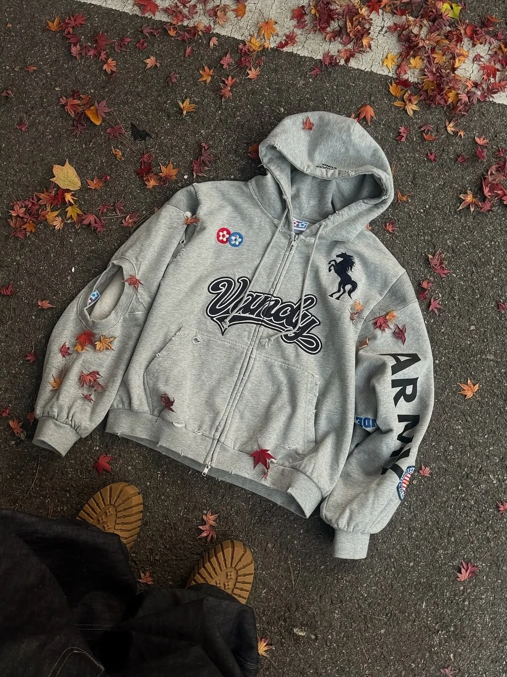 

Повседневная мужская толстовка с вышивкой, капюшоном на молнии, логотипом Battle Index, ко-брендингом Vandy и пэчворком, устойчивая к сминанию