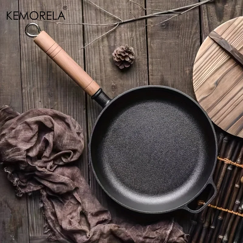 KEMORELA 25cm Cast Iron Frying Pan With Wooden Handle Non-Stick Iron Pan For Omelette Pan Uncoated Pan Gas Stove Electric Stove