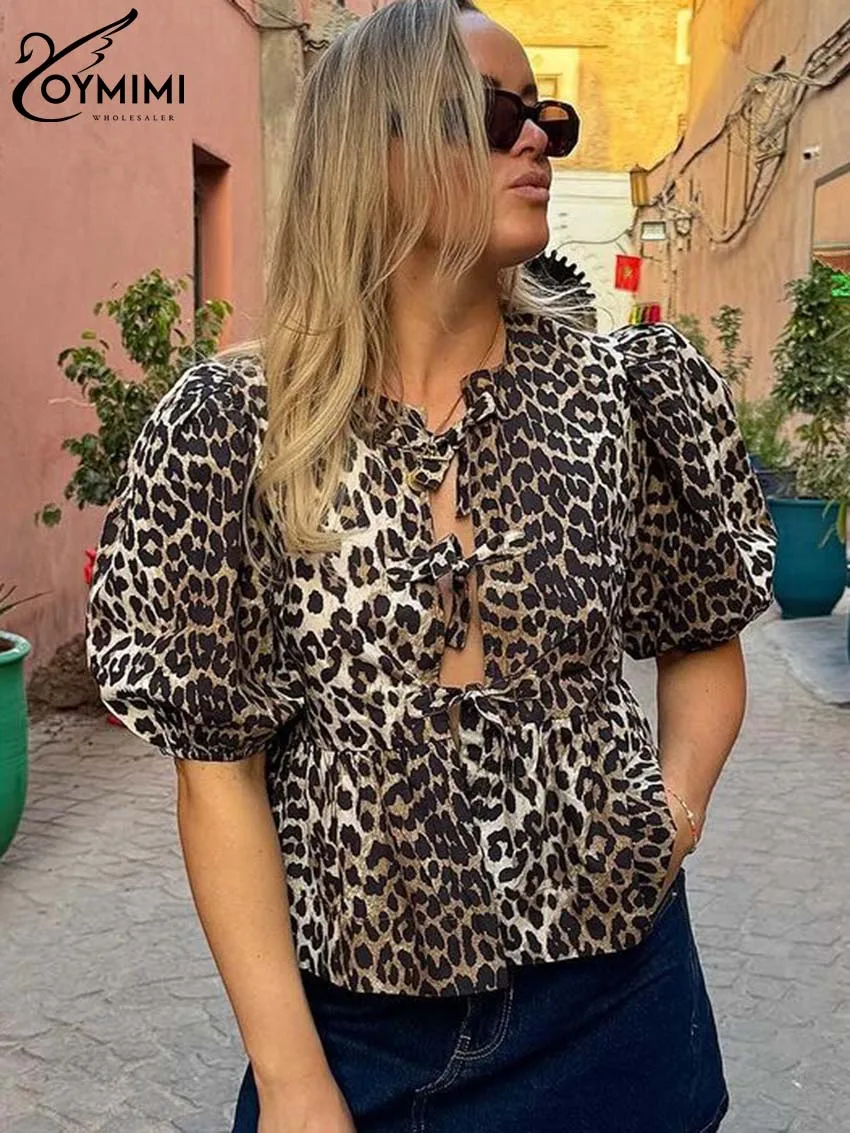 Oymimi Elegant Brown Leopard Print Women's Blouse Fashion O-Neck Half Sleeve Blouses Casual New Lace-Up Ruffled Shirts Female