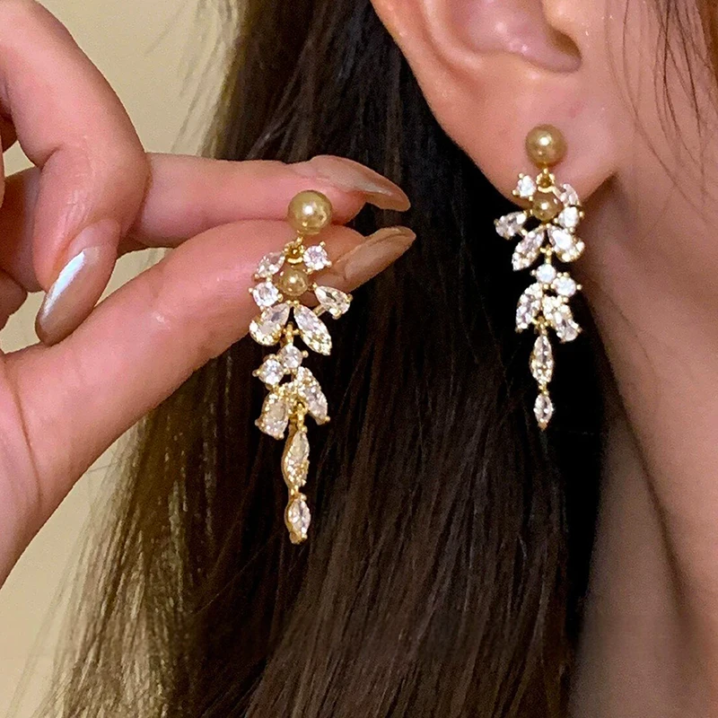 Sparkling Wheat Ears Long Tassel Pearl Stud Earrings Women's Light Luxury Elegant Temperament Ladies Wedding Party Jewelry Gift