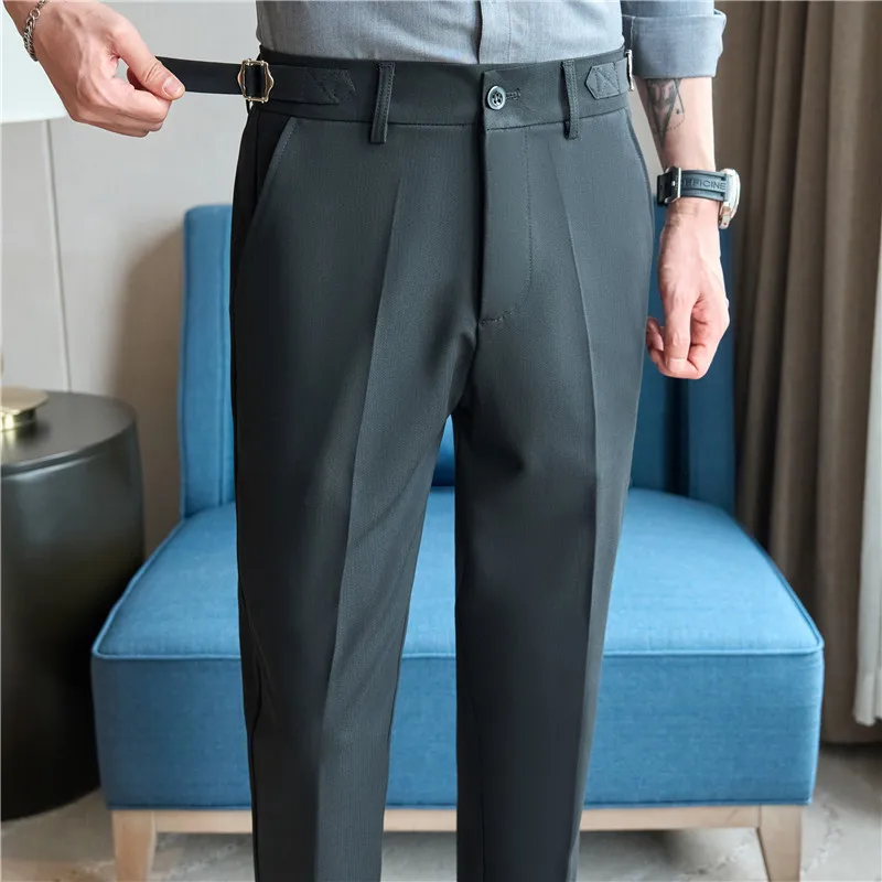 Summer Thin Neapolitan Casual Trousers, Men\'s High-Grade Dark Green Suit Pant, Draping Cool Non-Ironing Fabric,  Elastic Waist