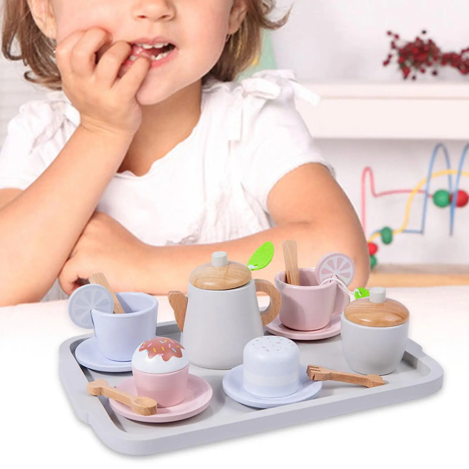 Tea Party Tableware And Serving Tray Montessori Wooden Tea Set for Little Girls