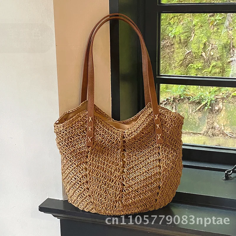 

Women's Large Capacity Woven Straw Bag 2023 Summer New Rattan French Shoulder Beach Tote Bag Khaki Beige Soft Polyester Cotton