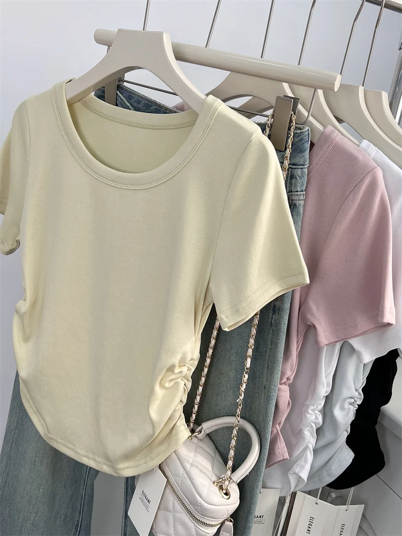 

Slim Fit Short Sleeve T-Shirt Women Summer Pleated Design U-Neck Length Fashionable Top Korean Style Cotton Polyester Blend