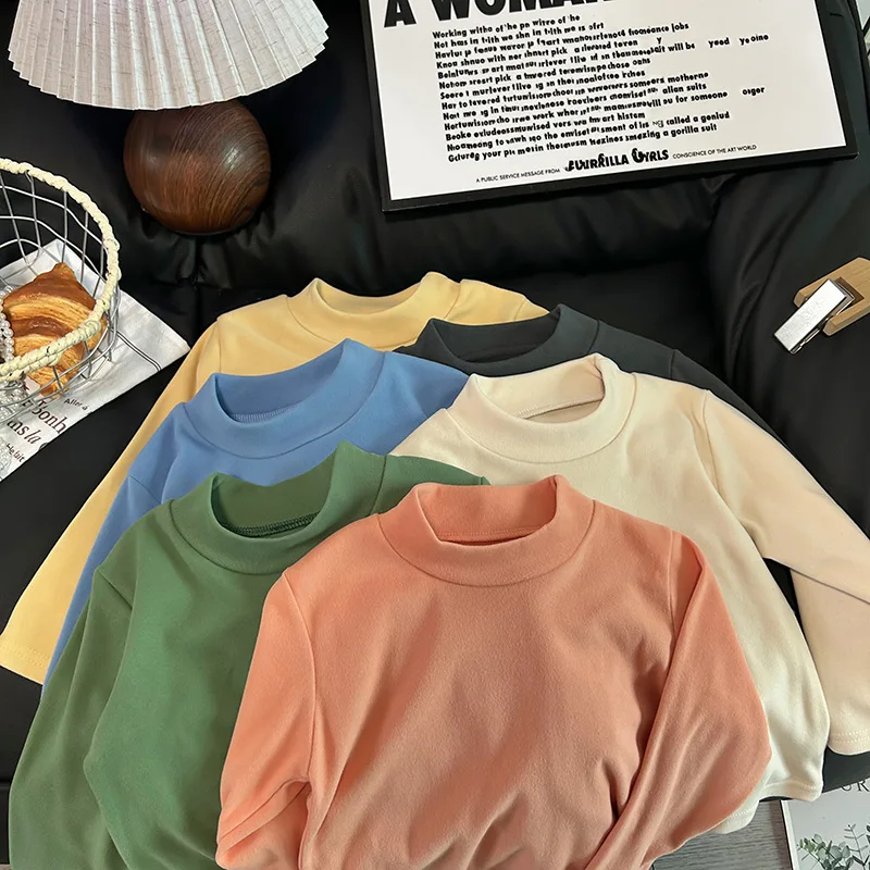 

1-8Y Kids Fleece Lined Top Mock Neck Solid Color Long Sleeve T-Shirt Boys Girls Warm Thermal Undershirt Basic Layering Shirt