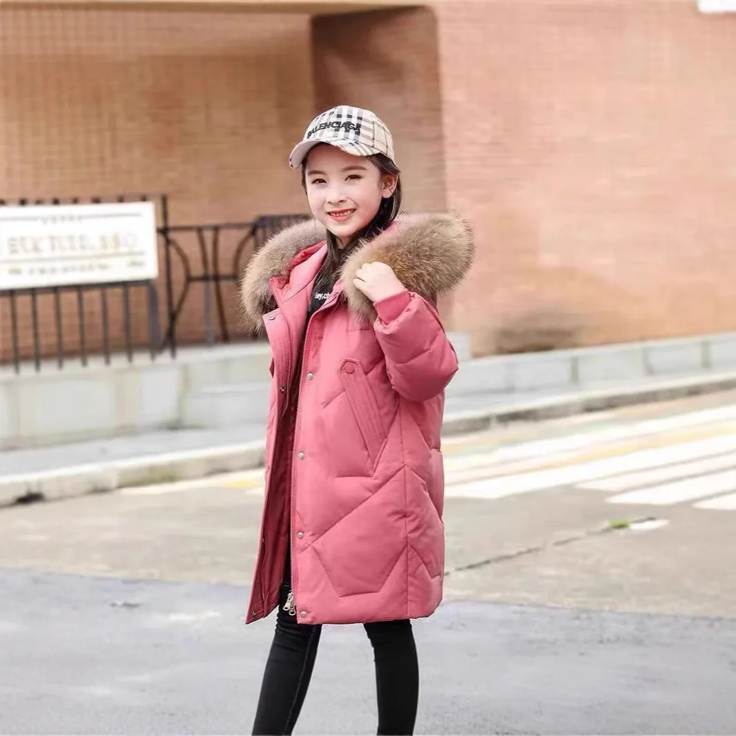 

5-16Y Girls Winter Long Down 2024 New Korean Fashion Thicken Solid Color Furry Hooded Coats Kids Warm Casual Daily Outerwear