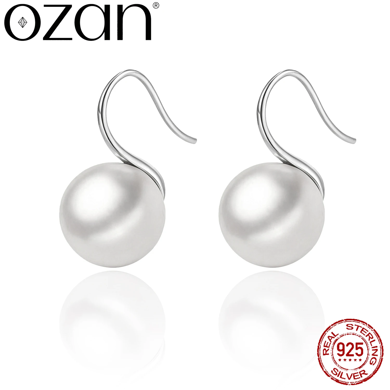 OZAN S925 Sterling Silver Dangle Drop Earrings Round 10mm 12mm 14mm Shell Pearl Women's Jewelry Anniversary Birthday Gift