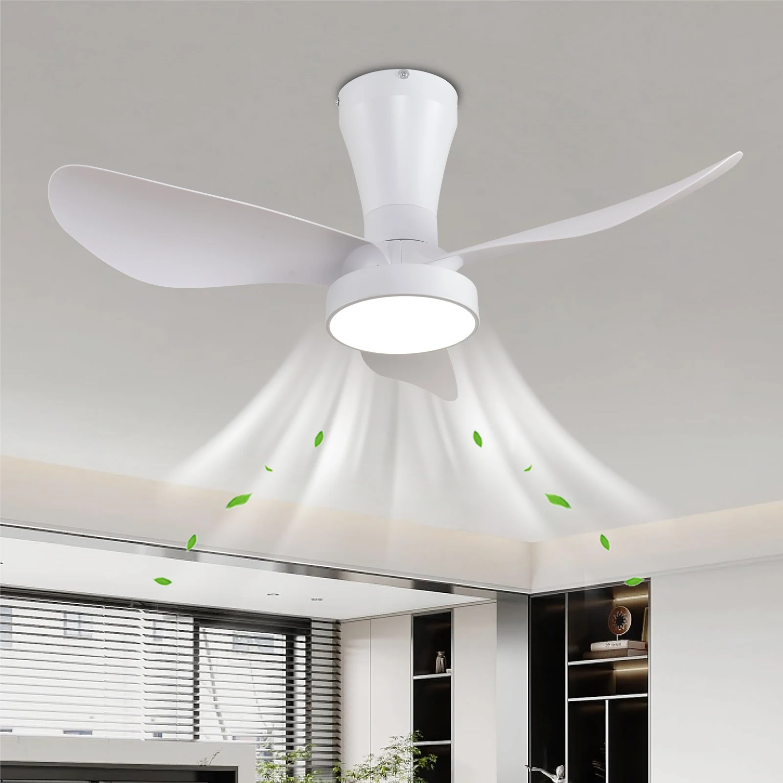 

32-дюймовый современный светодиодный светильник, потолочный небольшой вентилятор, двигатель постоянного тока, высокий объем воздуха, гостиная, спальня, столовая, пульт дистанционного управления с затемнением