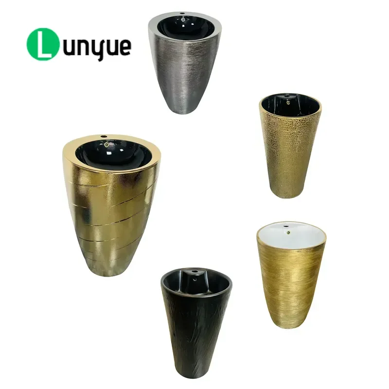 Floor to Ceiling Ceramic Washbasin High Quality Electroplated Bathroom Sink Vanity Base Modern Luxury Pedestal Basin Low