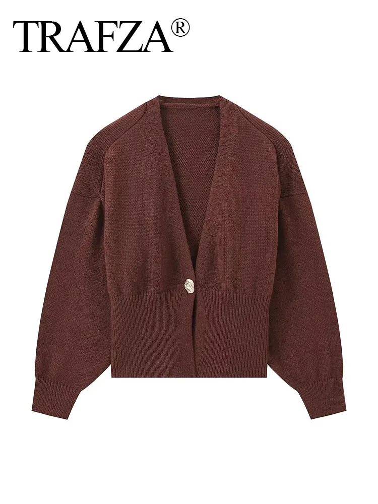 TRAFZA Woman Autumn Long Sleeves Slim Casual Sweater High Street Coat Fashion Women Deep V-Neck Single Button Knitted Cardigan