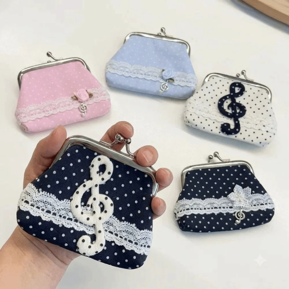 Cute Handmade Lace Polka Dot Coin Purse Music Note Vintage Kiss Lock Wallet Rose Pattern Portable Earphone Bag Daily