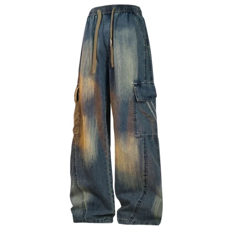 Estate gamba larga lavaggio Jean tasche con patta pantaloni cargo leggeri pantaloni da strada da uomo pantaloni estivi sottili casual larghi taglia grande 8xl