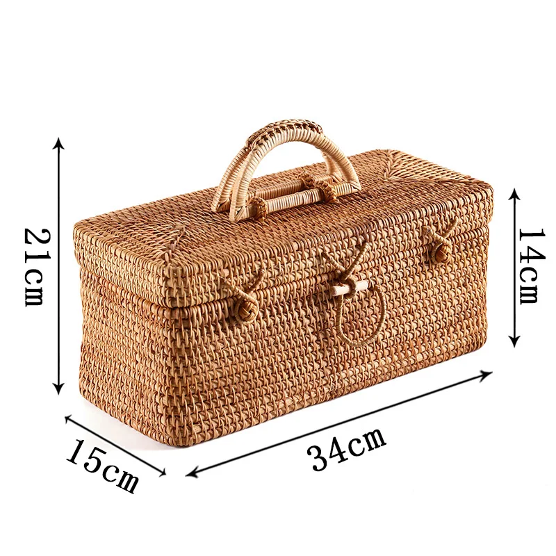 Handwoven Rattan Storage Box with Handle Portable Tea Box Teaware Food Container Picnic Basket Ornament Case Rangement Organizer