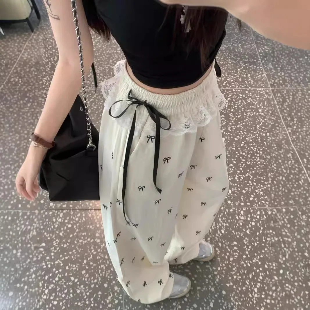 

Sweet Hottie Lace Patchwork Casual Pants Bowknot Print Summer Elastic Waist Straight Trousers Female Fashionable Y2k Style New