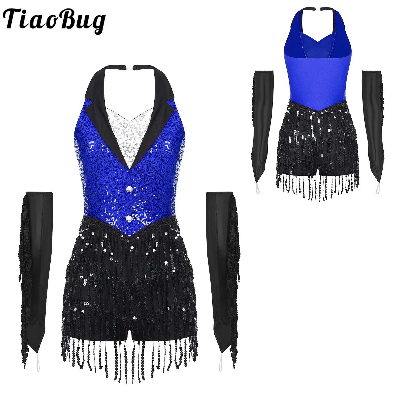 

Women Sparkly Sequin Rumba Latin Jazz Dance Costume Outfit with Fringe Gloves Sleeveless Leotard Tassel Skirted for Salsa Samba
