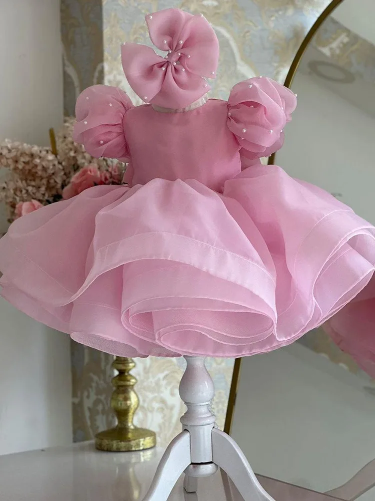 Princesa rosa flor menina vestido para casamento tule inchado pérolas manga curta com arco menina piano desempenho formal vestidos de baile