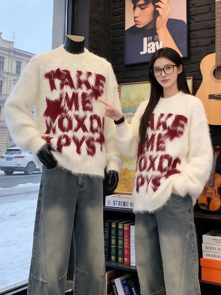 

Утепленный вязаный свитер для мужчин, зимний, в американском уличном стиле, модный брендовый свитер с надписью, парный, с верхом из меха мутон