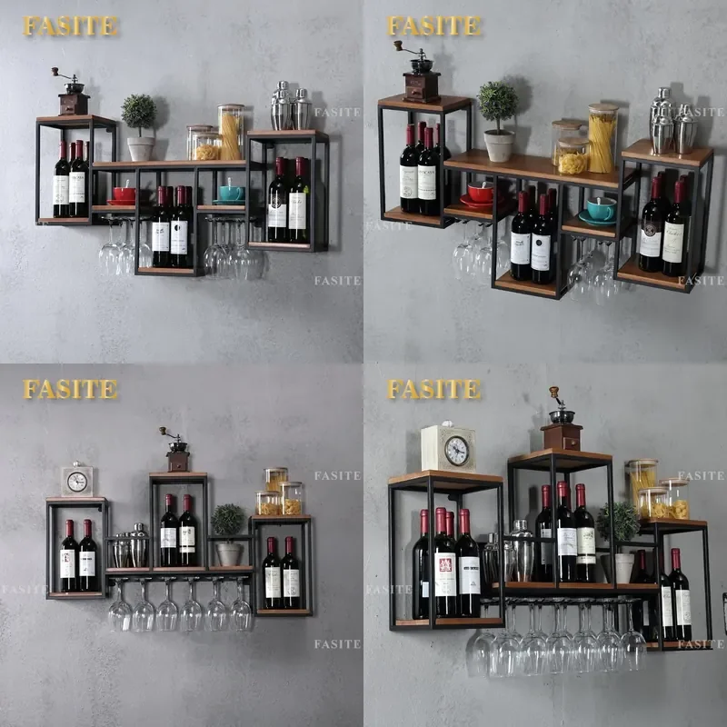 For Nordic Wrought Iron Solid Wood Wall Mounted Wine Rack Simple Lattice Storage Shelf for Wine Glasses Restaurant Home Decor