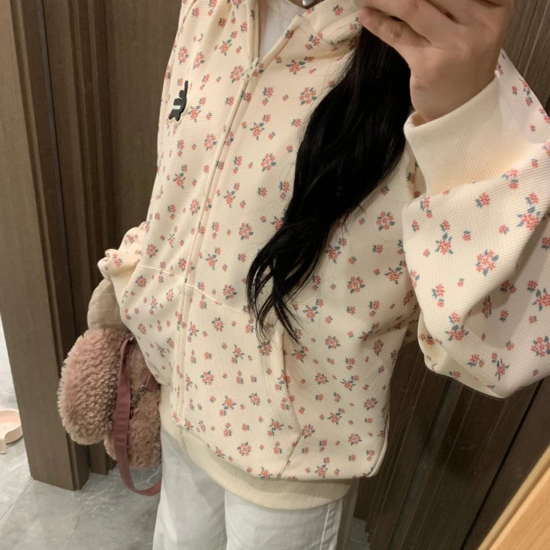 HOUZHOU Korean Fashion Sweet Hoodie for Women Flowers Print Oversize Zip-up Hooded Sweatshirts College Coquette Aesthetic Tops